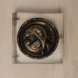 Vintage Lucite Compact,  1940s Coro, Sterling Silver Medallion, Pair of Doves